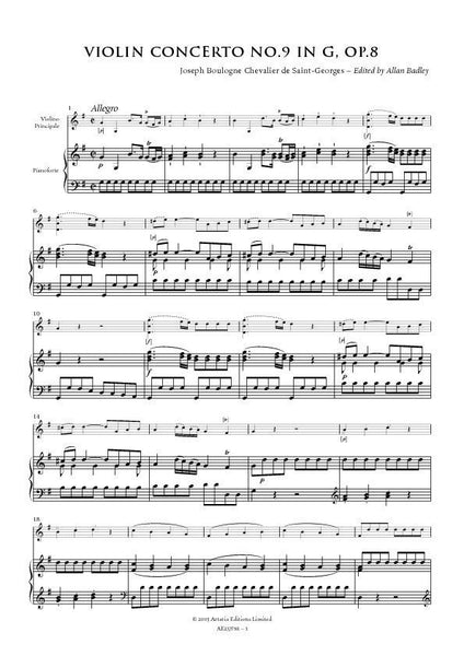 Saint-Georges, Joseph Bologne de: Violin Concerto No.9 in G major, Op. 8 [Study Edition] (AE237/SE)