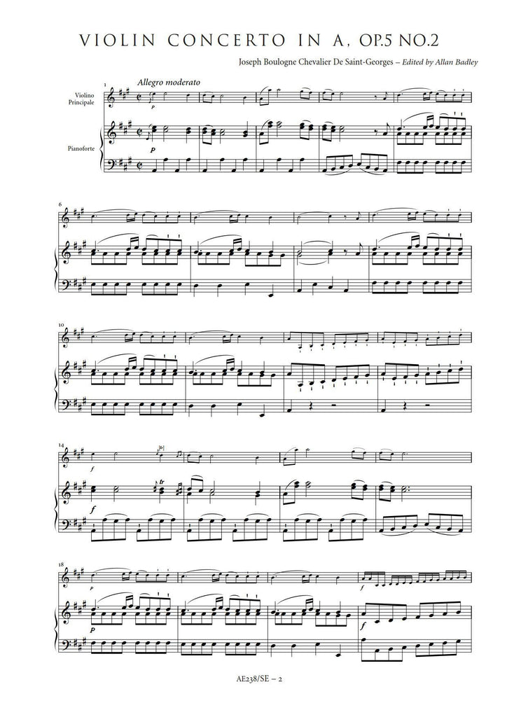 Joseph Bologne de Violin Concerto in A Sheet Music