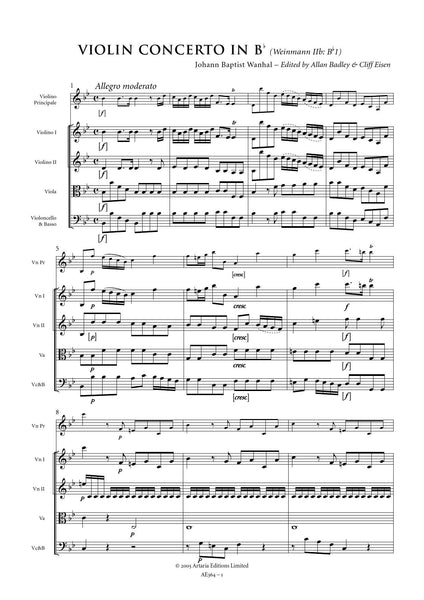 Wanhal, Johann Baptist: Violin Concerto in B flat major (Weinmann IIb: Bb1) (AE364)