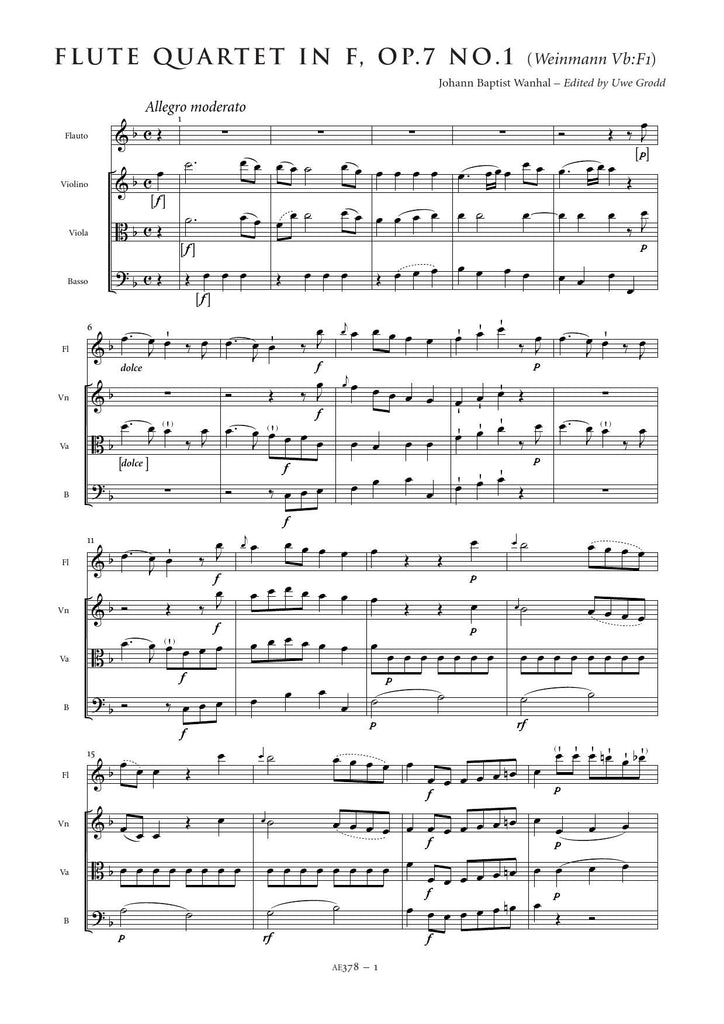 Wanhal Johann Baptist Flute Quartet in F major Weinmann Vb F1 AE378