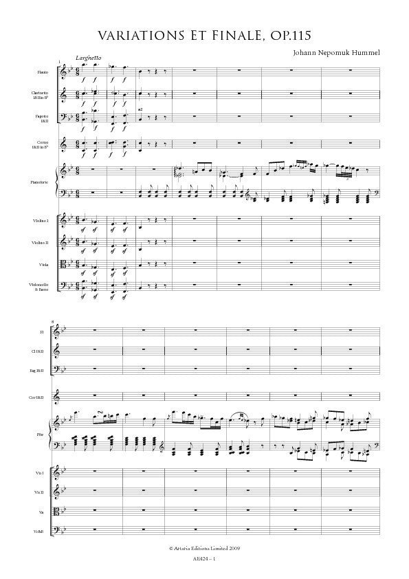 Johann Nepomuk Hummel Variations and Finale in Bflat Sheet Music