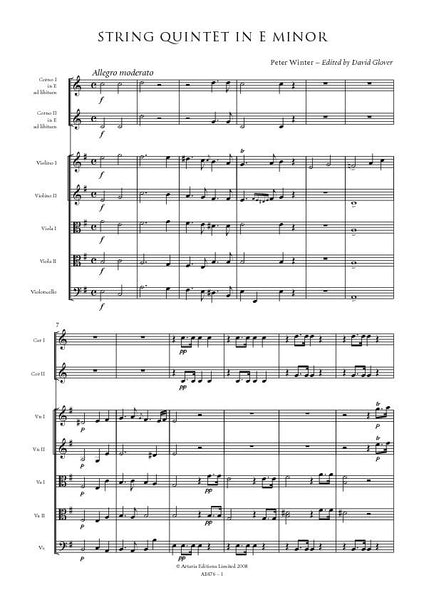 Winter, Peter: String Quintet in E minor, with 2 horns ad libitum (AE476)