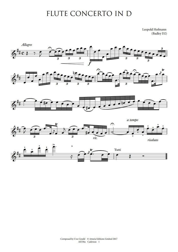 Leopold Hofmann: Cadenzas to Flute Concerto in D major (Badley D2