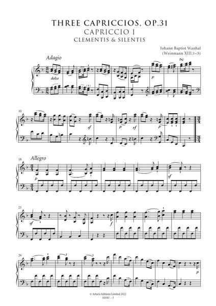Wanhal, Johann Baptist: Three Capriccios for the Pianoforte, Op.31 (Weinmann XIII:1-3) (AE641)